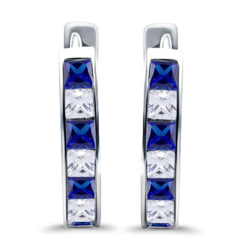 Half Eternity Hoop Earrings Princess Cut Simulated Blue Sapphire CZ 925 Sterling Silver (14mm)